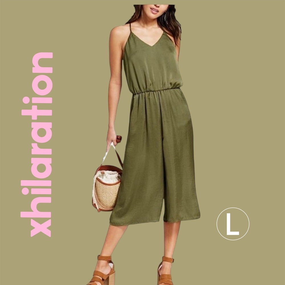 XHILARATION | Green Satin Culotte Jumpsuit Sz Large Spaghetti Strap Boho